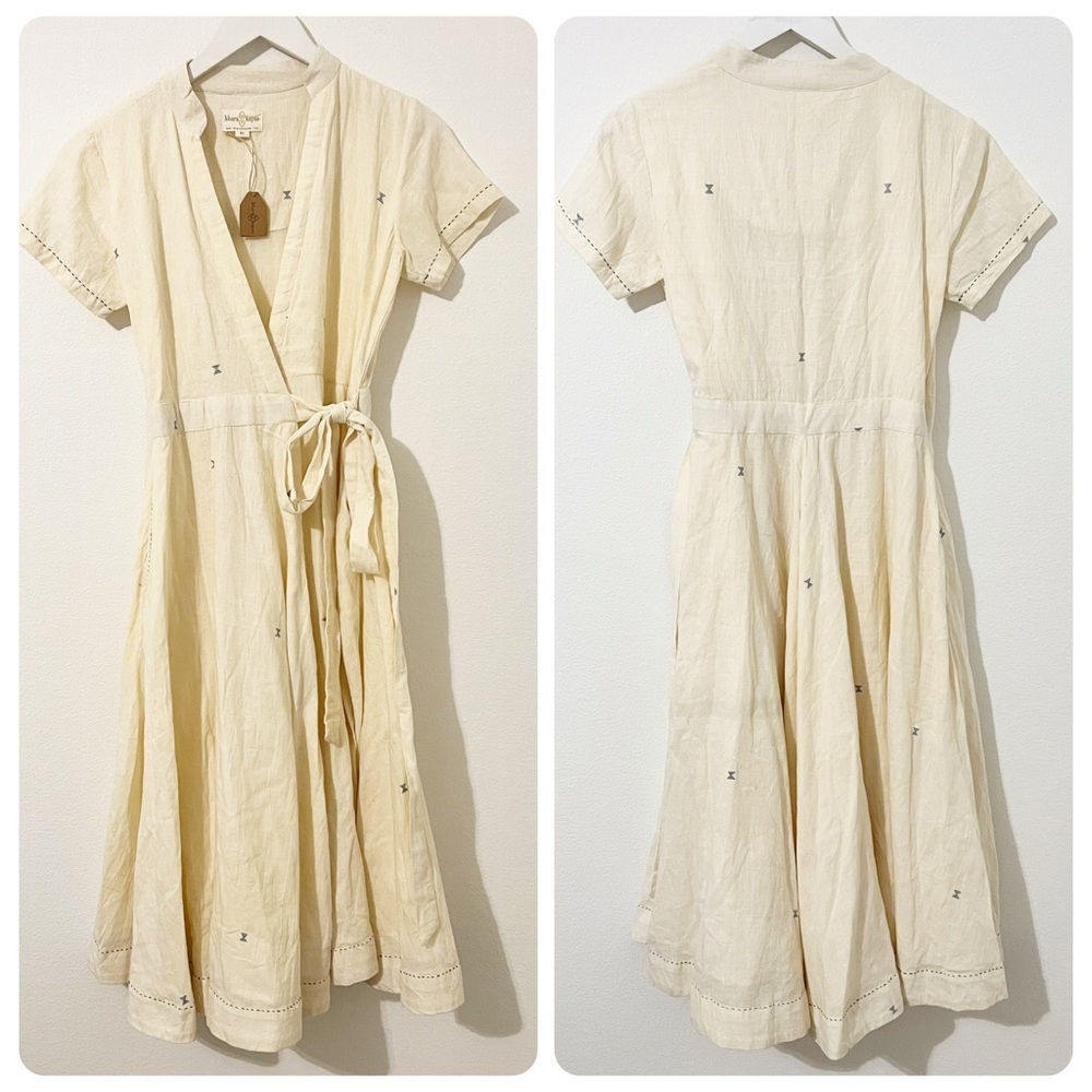 NWT Khara Kapas Cream Organic Cotton Embroidered Wrap Midi Dress Size Medium M